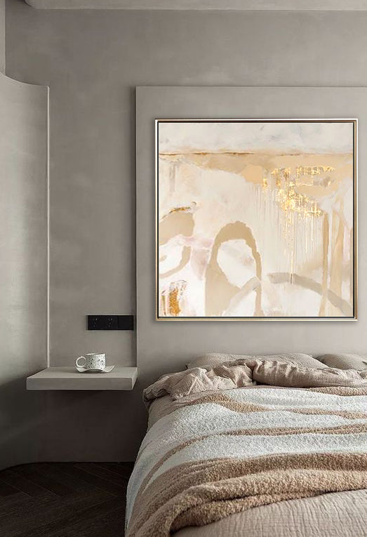 34 Minimalist Art Beige Abstract Handpainted Artwork Painting with Gold