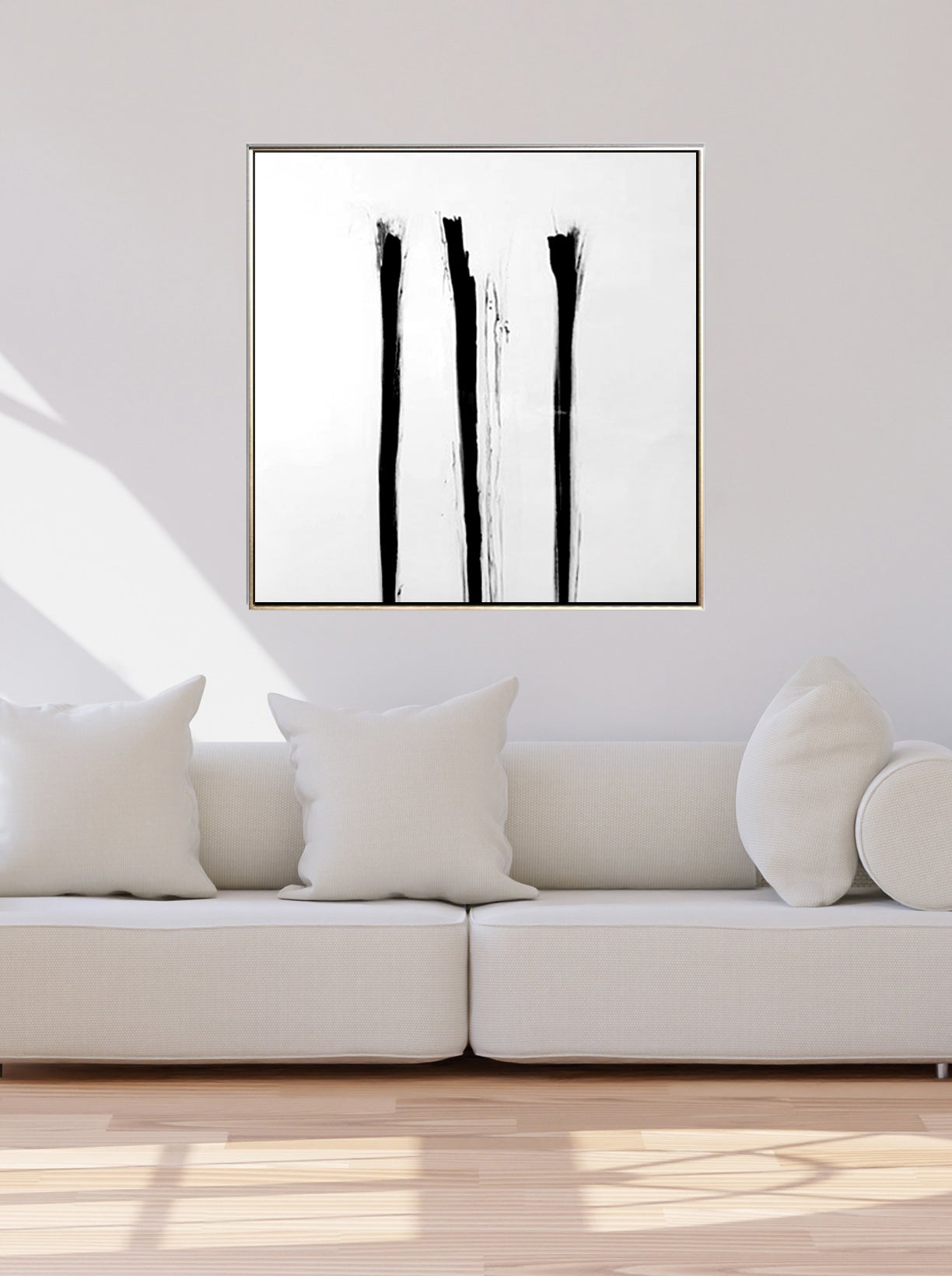 65 Minimalist Art White Handpainted Artwork Three Stripes Painting